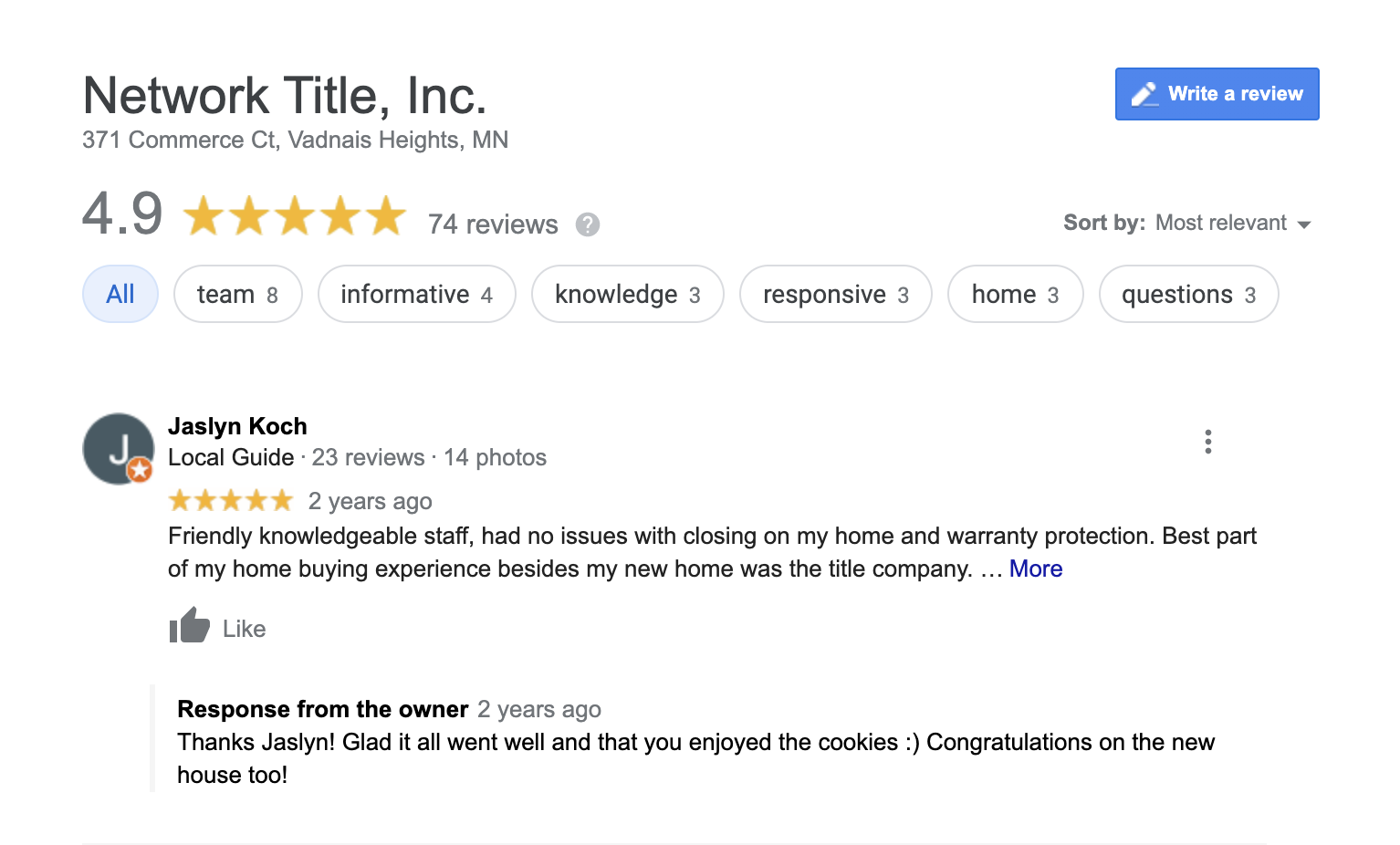 Network Title Inc, Google review