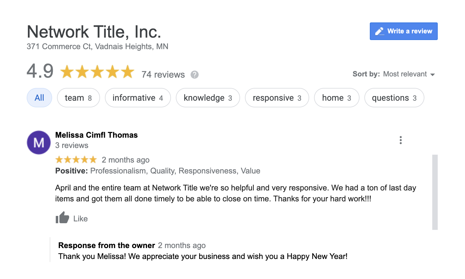 Network Title Inc, Google review