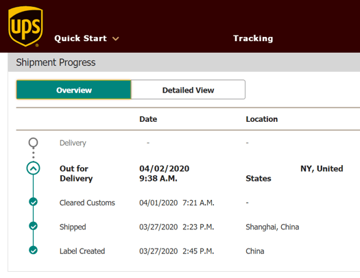 UPS tracking shipment progress timeline