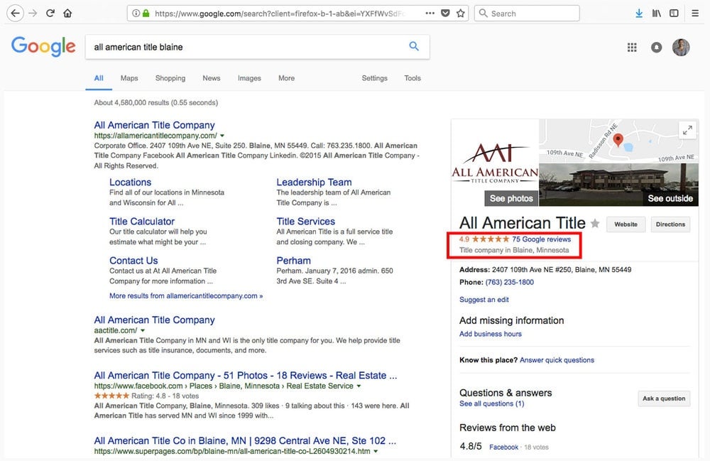 This is a Google result for one of our clients, All American Title, out of Blaine Minnesota. As you can see from the results, They have 75 Google Reviews  (highlighted in red)-  with an average rating of 4.9-Stars! On top of that, they pretty much own the top slots in the Google Search for the terms a client or real estate agent might put in. If there would have been other non-All American related links in the results, we would have urged them to try to create more content to fill those spots as well, and bump the non-related content down.  They are doing a very good job. 
